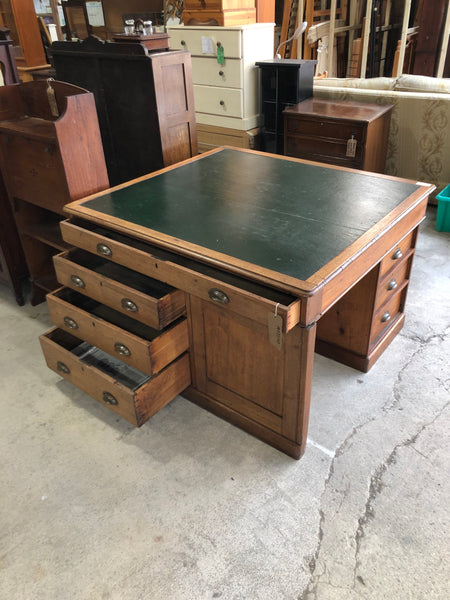 Large Antique Leather Topped Oak Desk