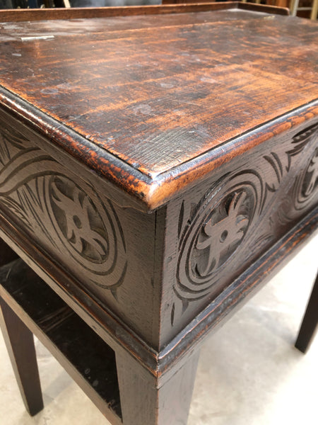 Antique Carved Oak Box Desk on Stand
