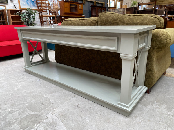 Large Sage Green Console Table with Cross Brace Design