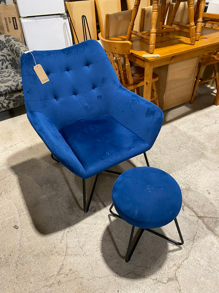Plush Blue Armchair & Stool