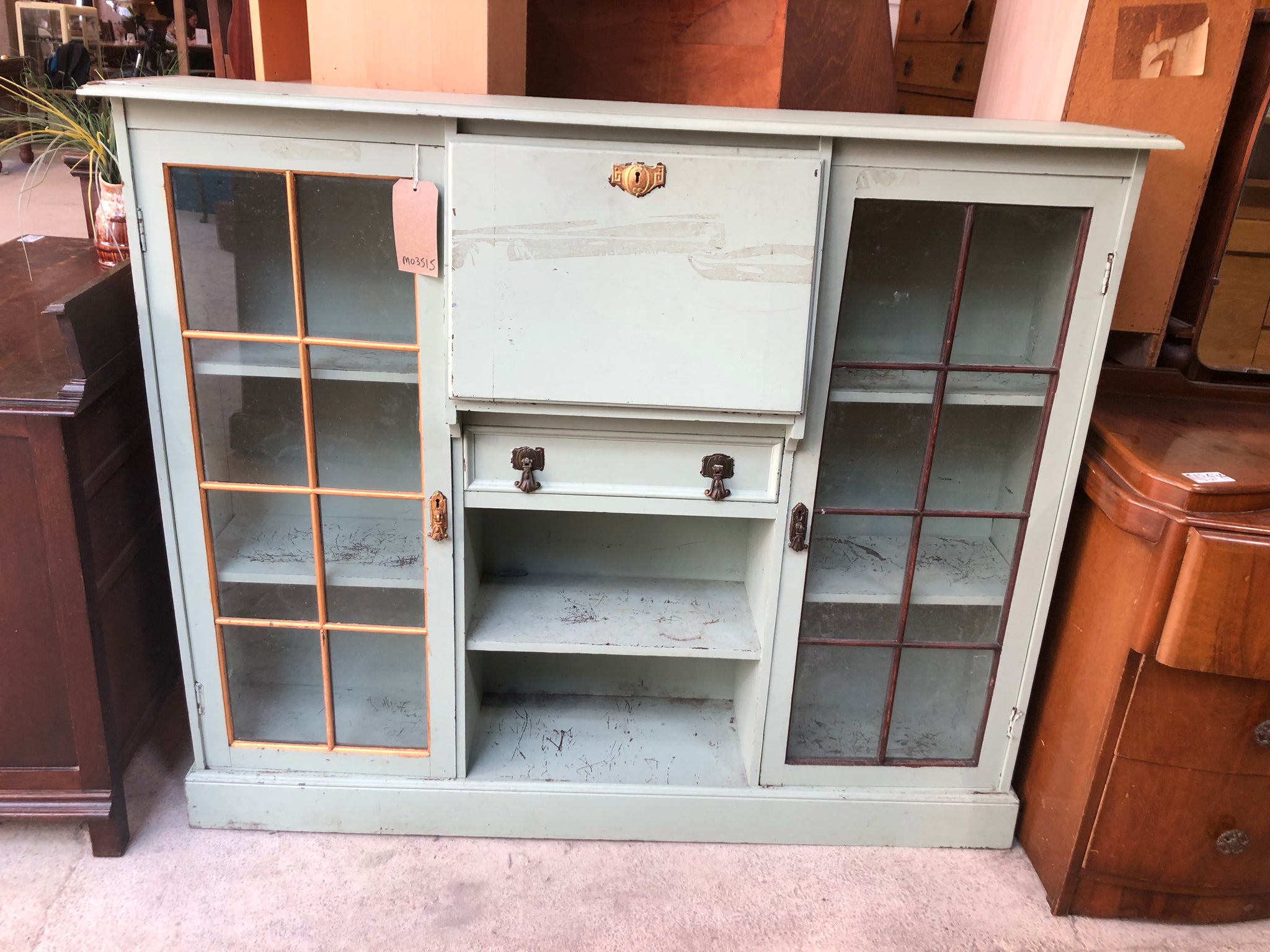 Vintage Mint Green Painted Display Cabinet with Bureau