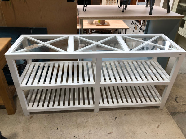 White Slatted Console Table with Glass Top