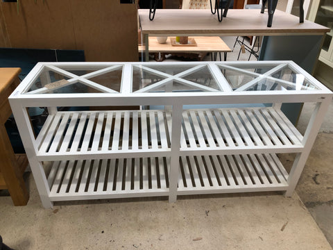 White Slatted Console Table with Glass Top
