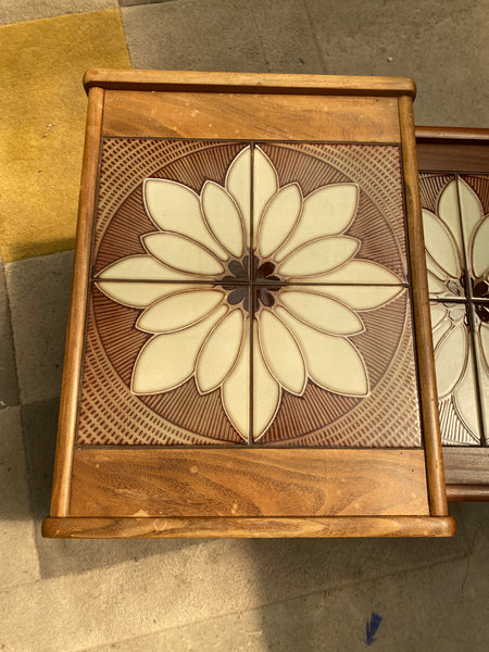Set of 3 Nest Tables Teak and Tile
