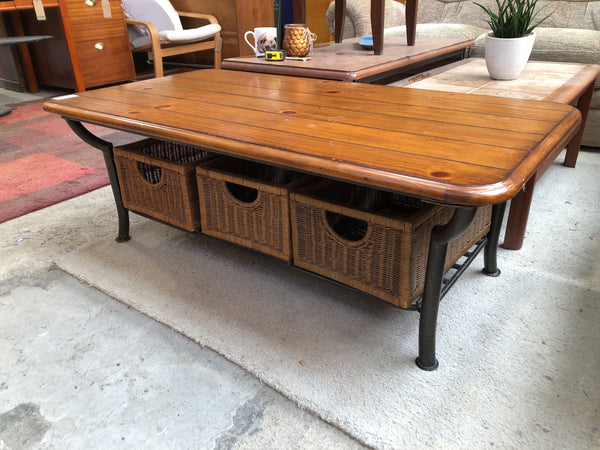 Pine & Metal Coffee Table with Basket Storage