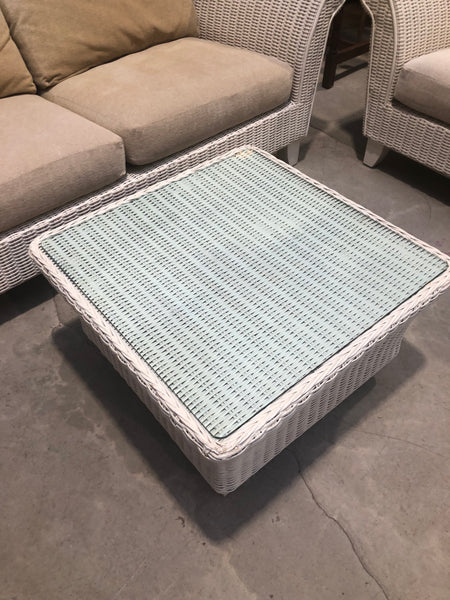 Four Piece Conservatory White wicker Sofa, Two Armchairs & Coffee Table Set