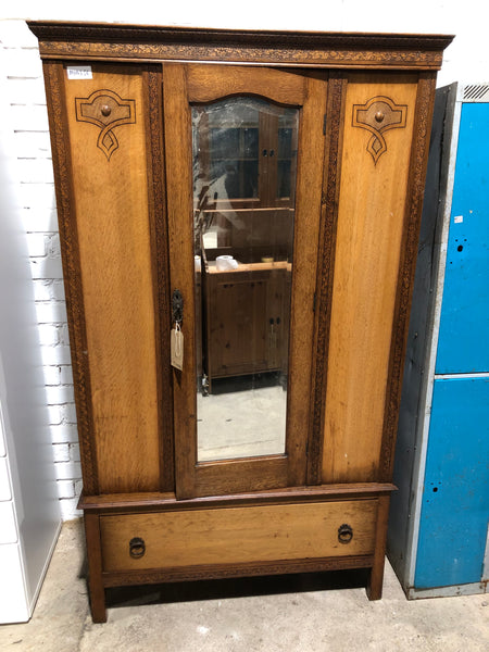 Vintage Oak Carved Detail Wardrobe with Drawer