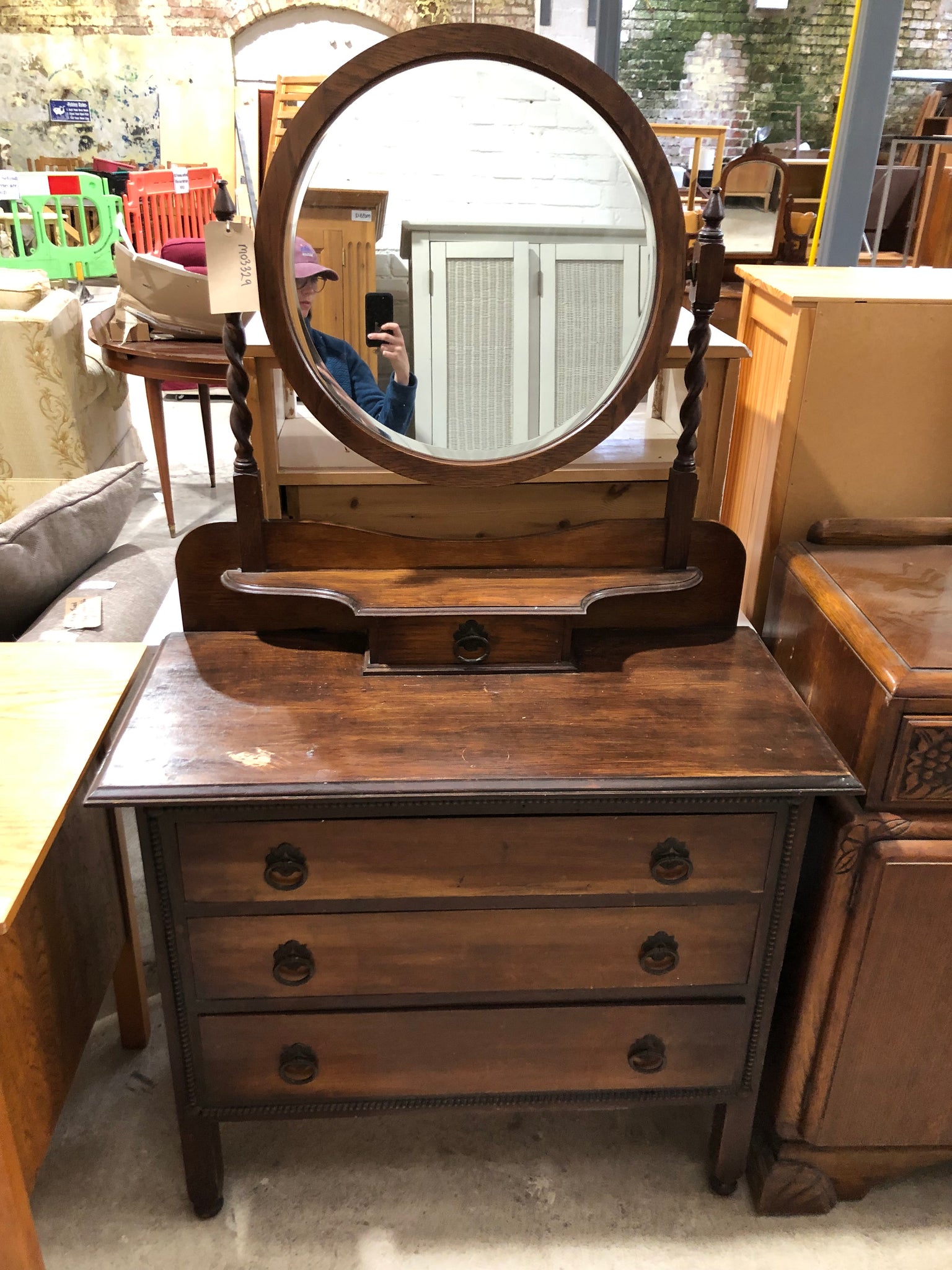 Vintage Stained Oak Dressing Table & Mirror