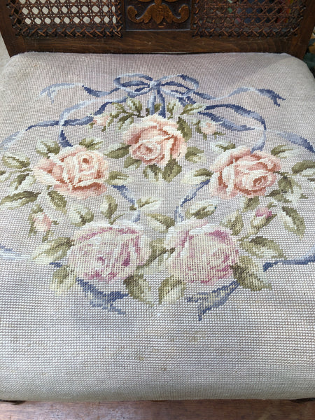 Antique Cane Back Needlepoint Seat Armchair