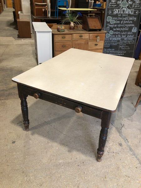 Dark Stained Pine Farmhouse Table with Formica Top