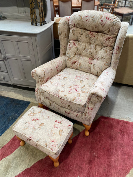 Floral Button back Armchair & Footstool