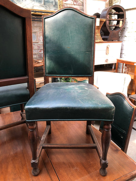Set of 8 Green Leather Antique High Back Dining Chairs