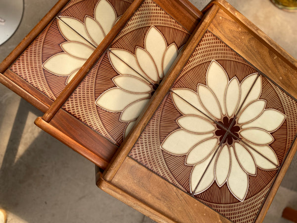 Set of 3 Nest Tables Teak and Tile