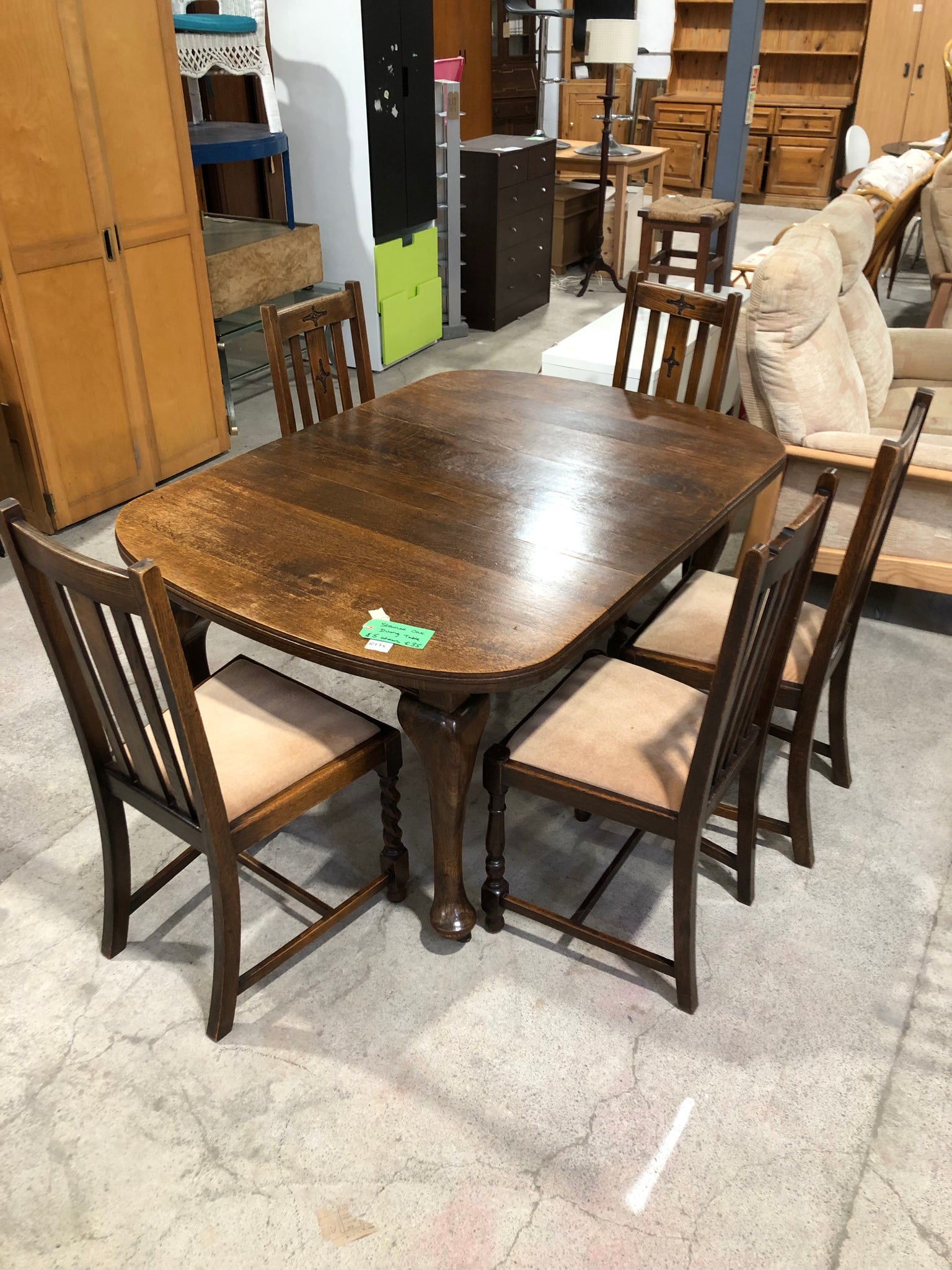 Stained Oak Extendable Dining Table & 5 Chairs