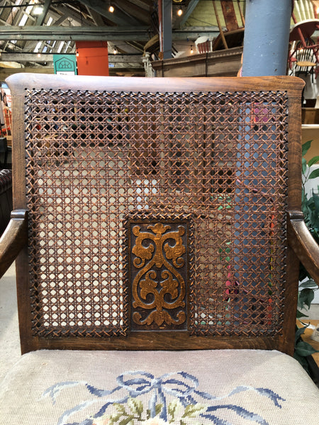 Antique Cane Back Needlepoint Seat Armchair