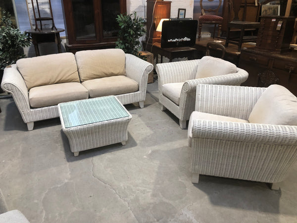 Four Piece Conservatory White wicker Sofa, Two Armchairs & Coffee Table Set