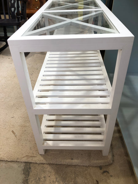 White Slatted Console Table with Glass Top