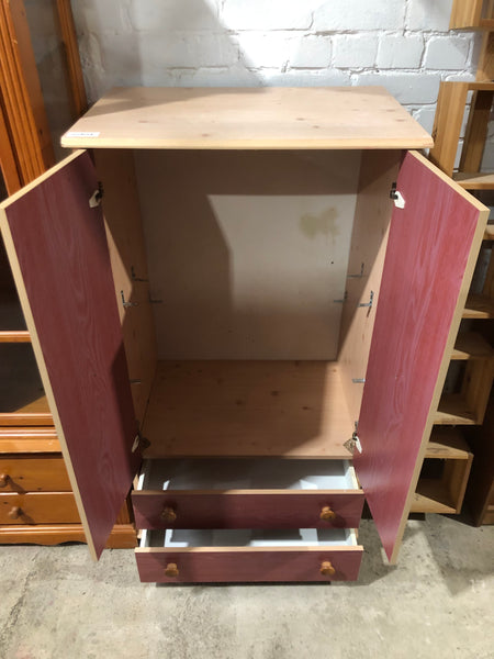 Pine Veneer Small Wardrobe with Red Doors