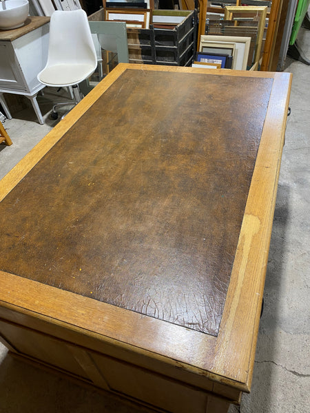 Large Oak Partners Desk with Leather Top