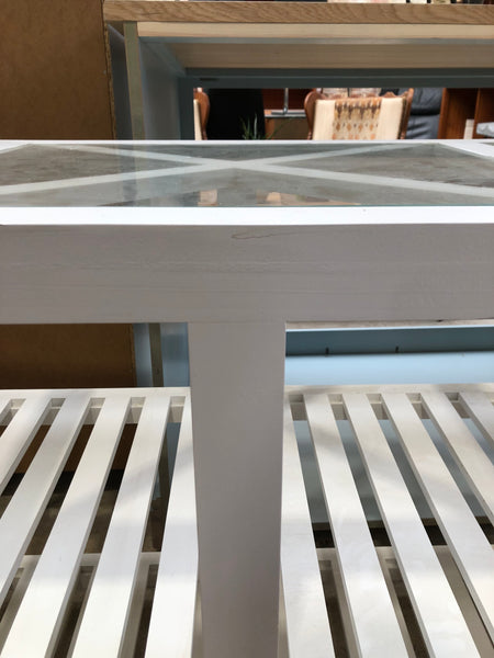 White Slatted Console Table with Glass Top