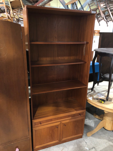 Tall Stag Teak Veneer Bookcase with Cupboard