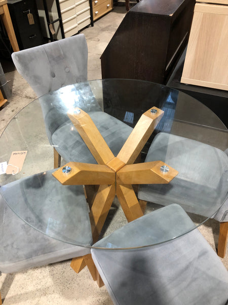 Glass Circular Dining Table & 4 Faux Suede Chairs