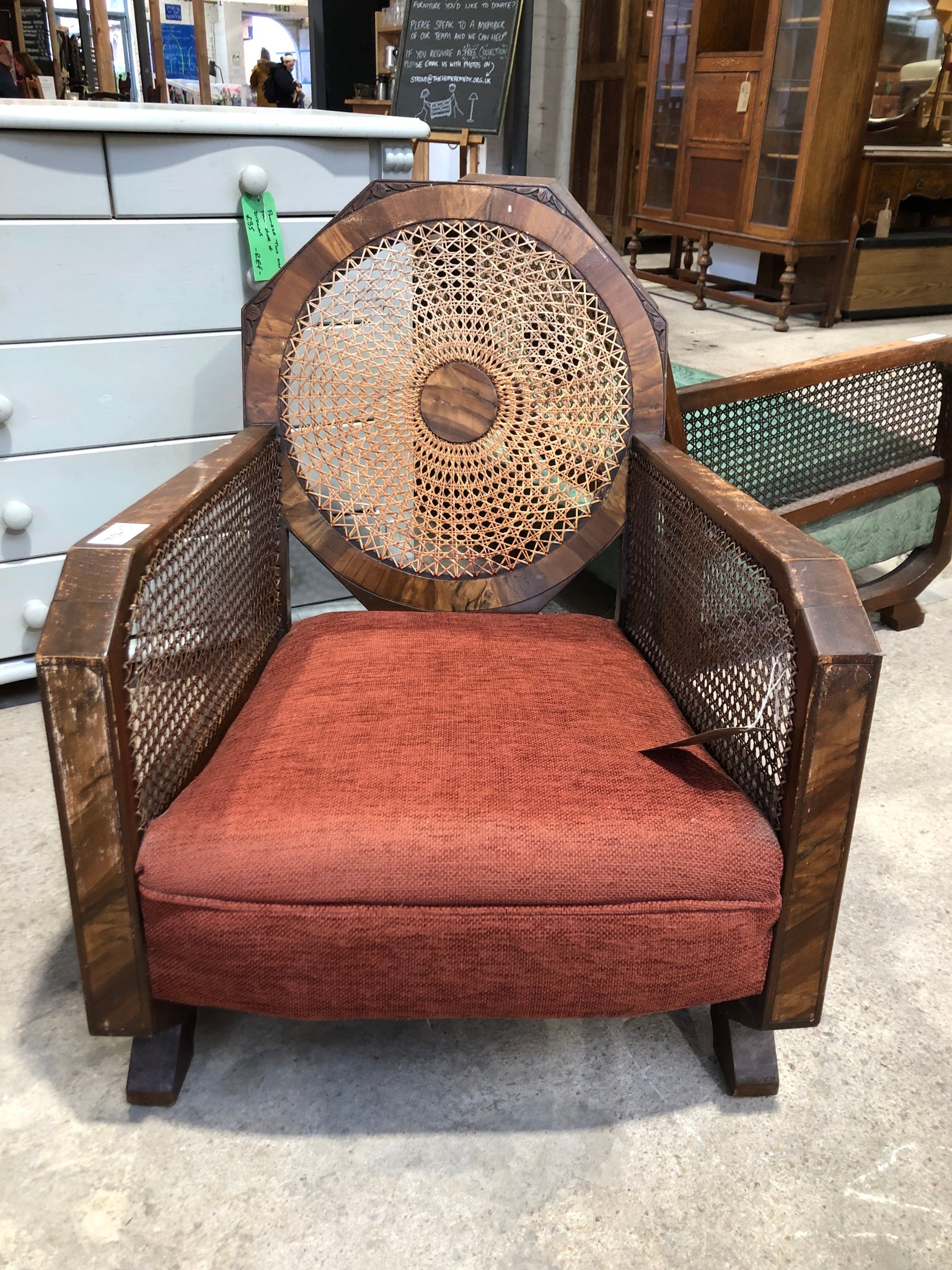 Art Deco Cane & Walnut Framed Armchair