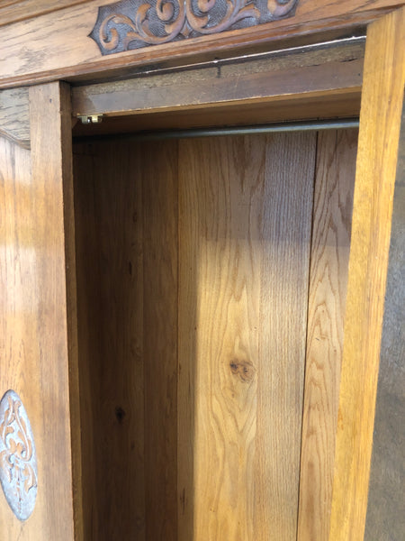 Antique Oak Carved Detail Wardrobe with Mirror