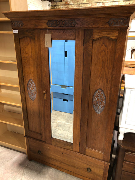 Antique Oak Carved Detail Wardrobe with Mirror