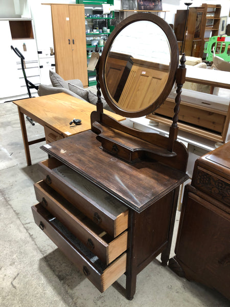 Vintage Stained Oak Dressing Table & Mirror