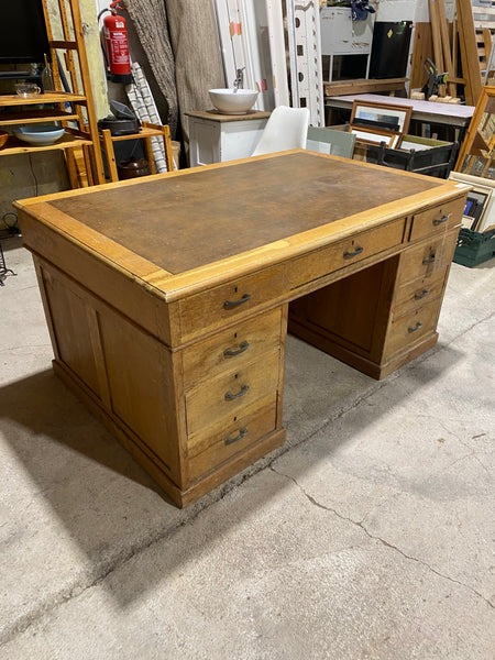 Large Oak Partners Desk with Leather Top