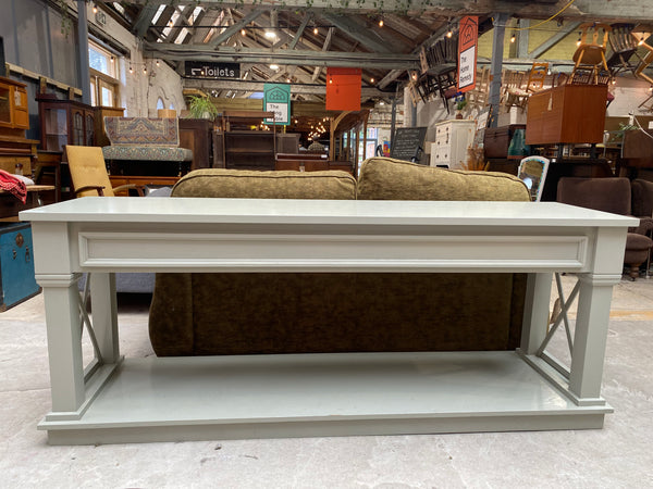 Large Sage Green Console Table with Cross Brace Design