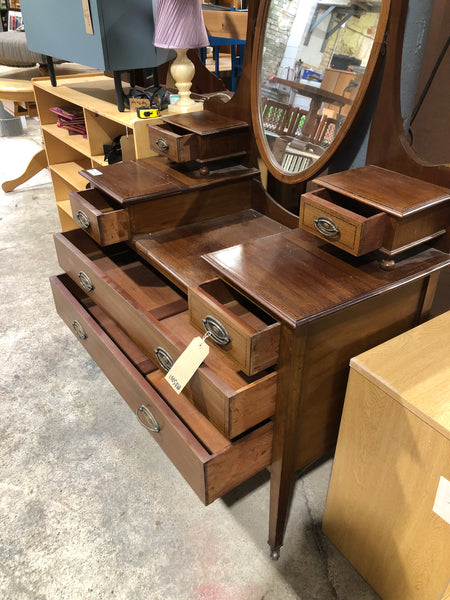Inlaid Detail Dressing Table & Oval Mirror