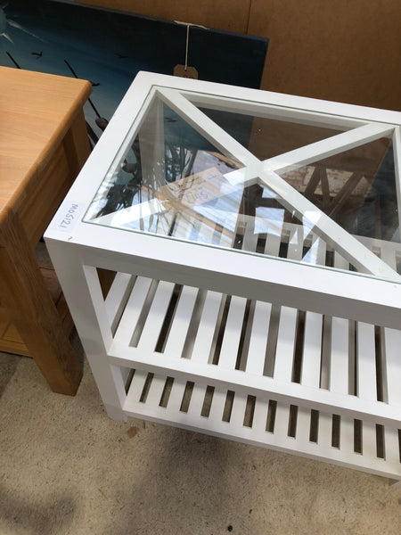 White Slatted Console Table with Glass Top