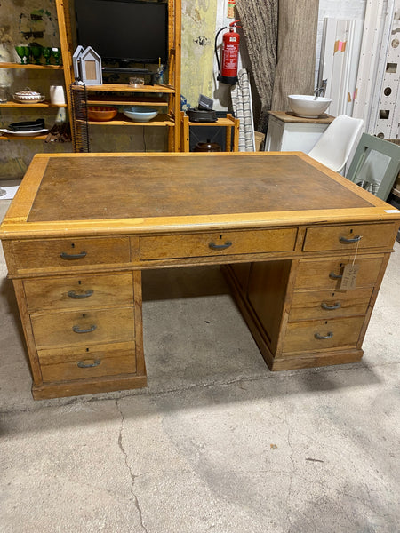 Large Oak Partners Desk with Leather Top