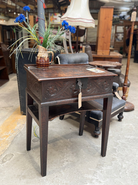 Antique Carved Oak Box Desk on Stand