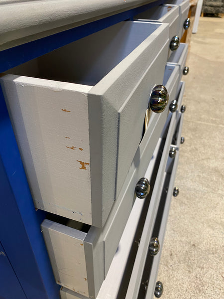REF - Painted Grey & Blue Large Chest of Drawers