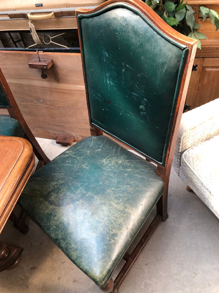 Set of 8 Green Leather Antique High Back Dining Chairs