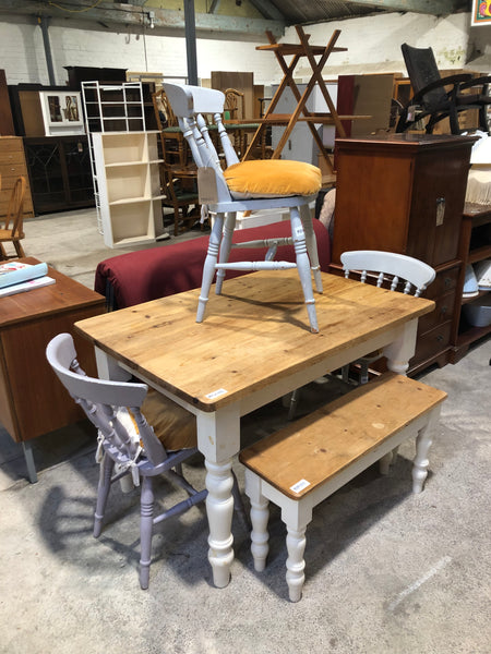 Pine Farmhouse Kitchen Table, Bench & 3 Chair Set