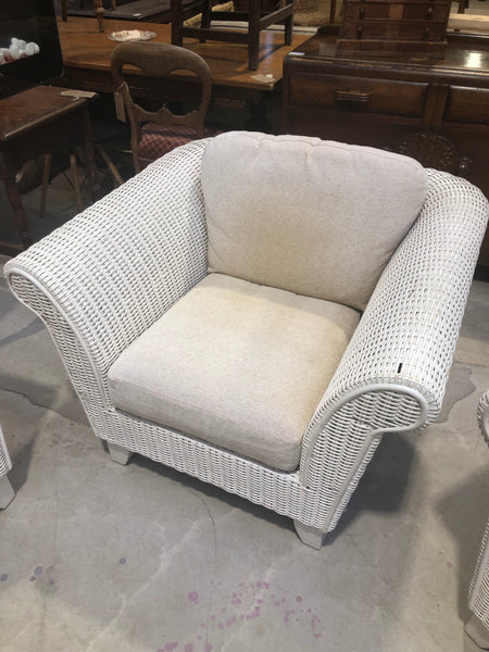 Four Piece Conservatory White wicker Sofa, Two Armchairs & Coffee Table Set