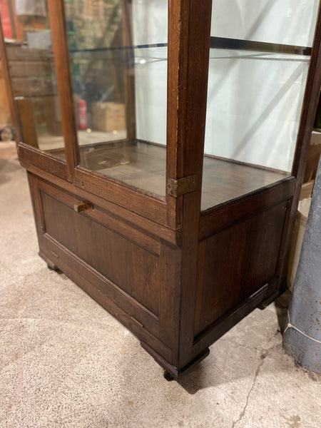 Tall Early 20th Century Oak Display Cabinet on Wheels