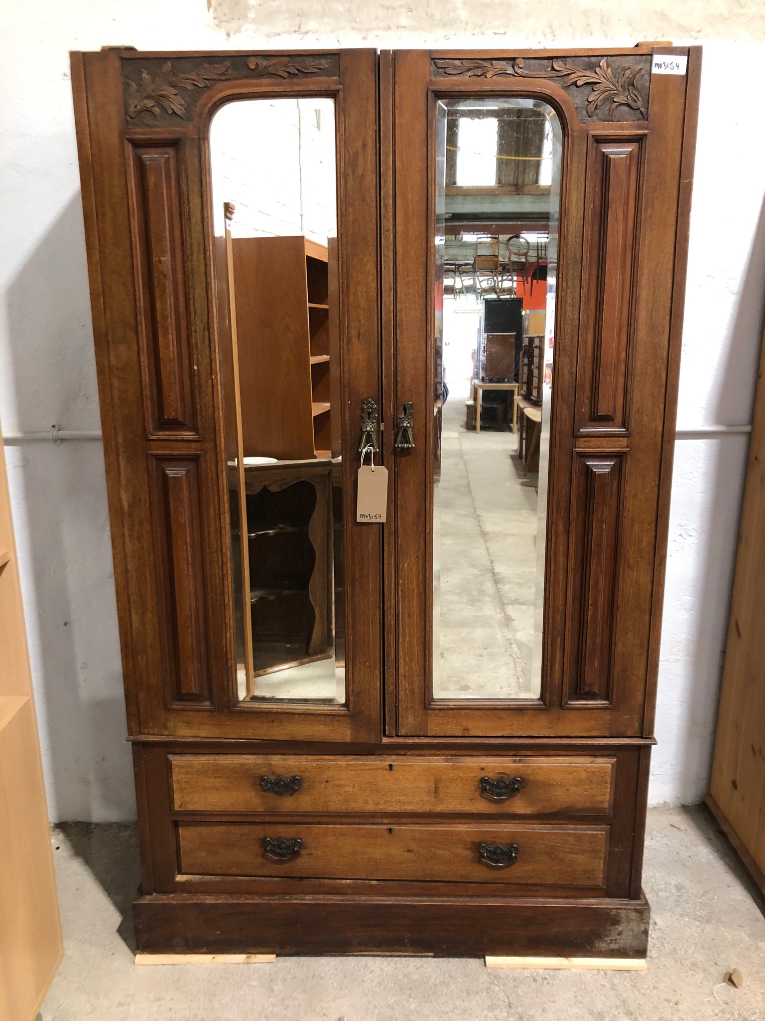 Vintage Stained Wood Mirrored Double Wardrobe