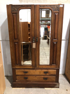 Vintage Stained Wood Mirrored Double Wardrobe