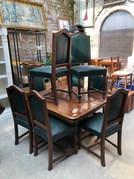 Set of 8 Green Leather Antique High Back Dining Chairs