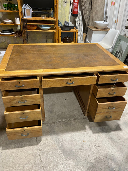 Large Oak Partners Desk with Leather Top