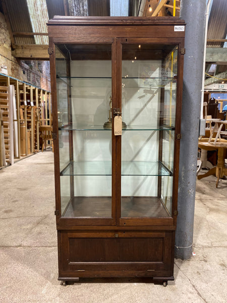 Tall Early 20th Century Oak Display Cabinet on Wheels