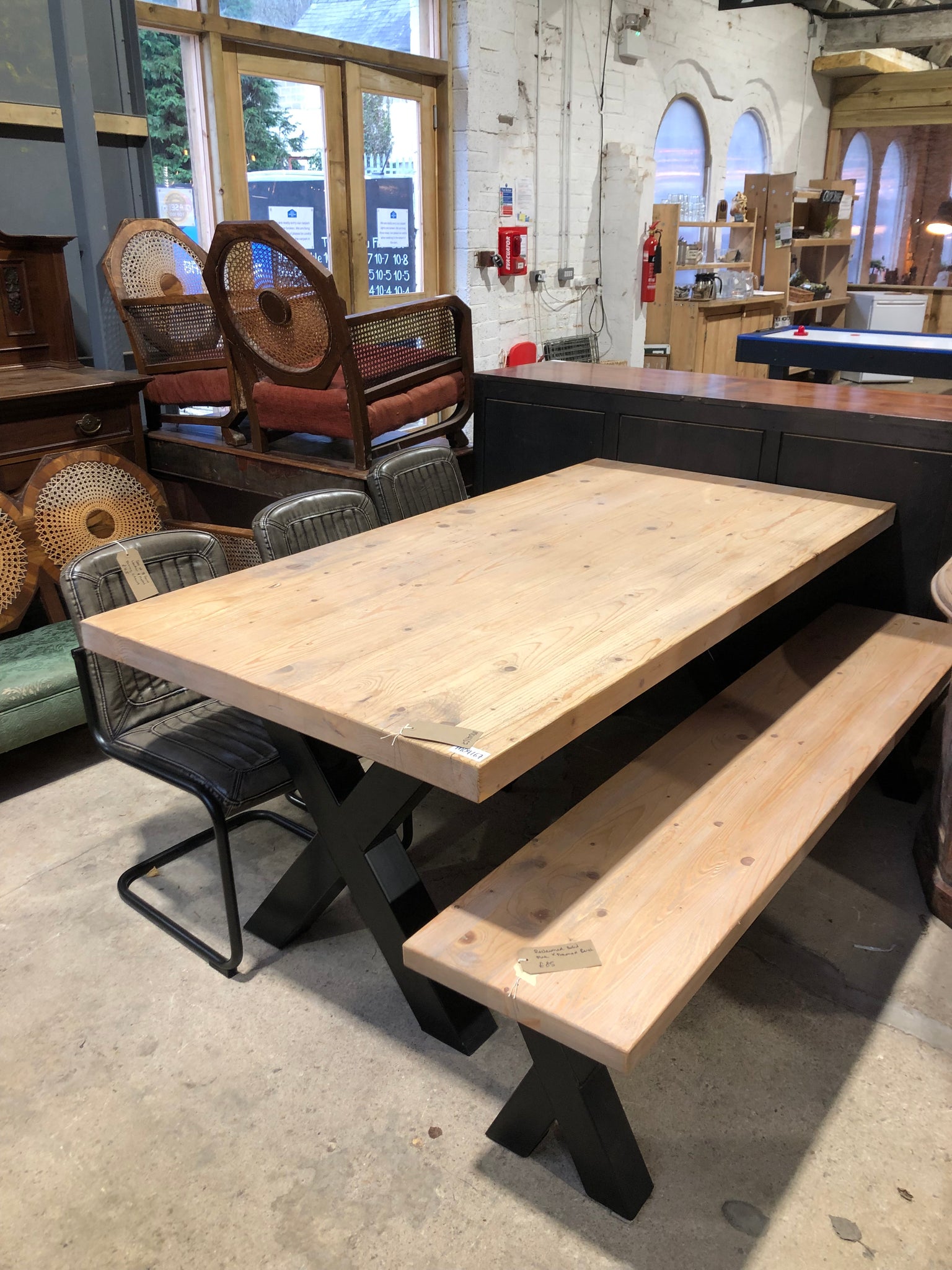 Reclaimed Solid Pine X Frame Dining Table & Bench