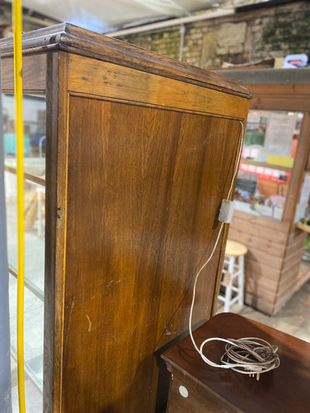 Tall Early 20th Century Oak Display Cabinet on Wheels