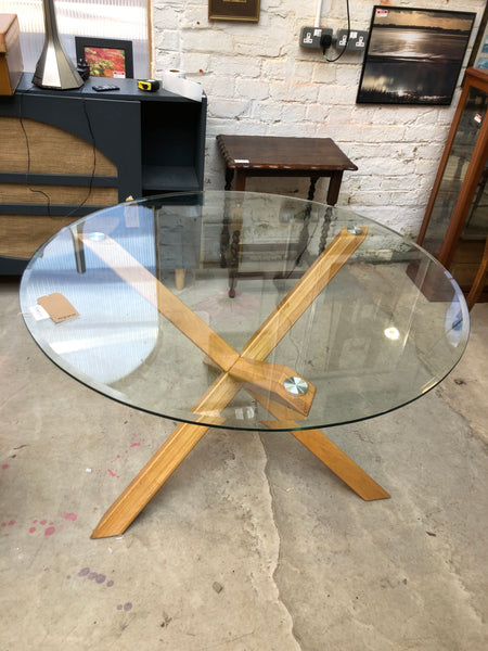 Round Glass Dining Table with Oak Base
