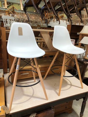 Pair of Contemporary White Plastic & Beech Bar Stools